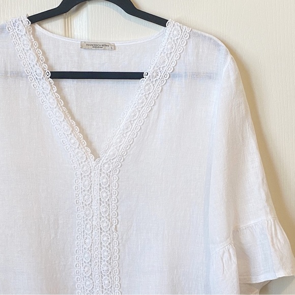 Francesca Bettini White Linen Lace Ruffle Sleeve Tunic Top Large Made in Italy - Picture 2 of 10